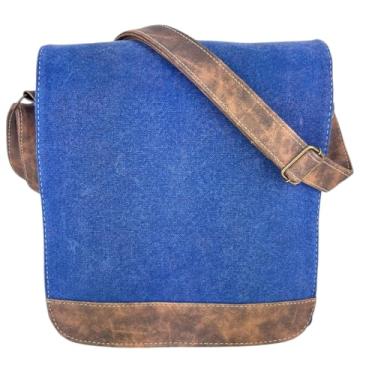 Imagem de Bolsa Transversal Em Lona Grossa Resistente Detalhes Em Couro Sintético Ideal Para o Dia a Dia Trabalhar Estudar Faculdade (Azul)