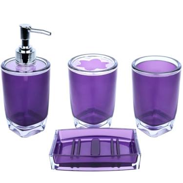 Imagem de ZOCOLOR Conjunto De Acessórios Para Banheiro, Copo Plástico Acrílico Grosso, Porta-Escovas Dentes, Dispensador Sabão, Prato, Quatro Acessórios, Estilo Simples (Roxo)