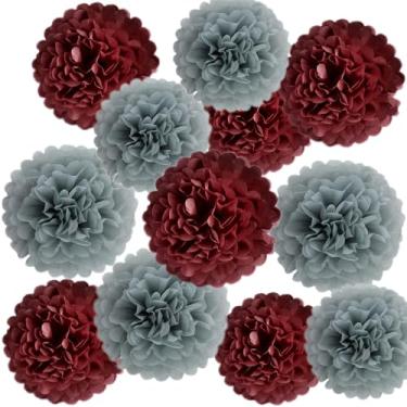 Imagem de HEARTFEEL 12 Pompons De Papel Seda, Flores Cinza Bordô, Bolas 20 Cm E 25 Cm, As Melhores Decorações Para Casamento, Chá Bebê, Despedida Solteira, Berçário