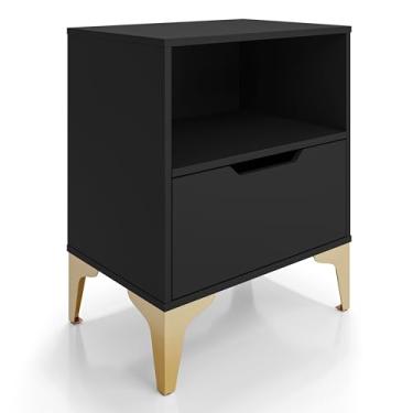 Imagem de Mesa de Cabeceira com 1 Gaveta Corrediça Telescópica Nicho Base de Aço Industrial - LH Móveis (Preto/Pé Dourado)