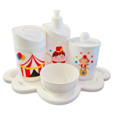 Imagem de Kit Higiene Baby Circo Menino c/bandeja em MDF (Nuvem branca/branca)