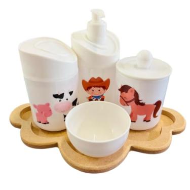 Imagem de Kit Higiene Baby Fazendinha Menino c/bandeja em MDF (Nuvem Crua/Branca)