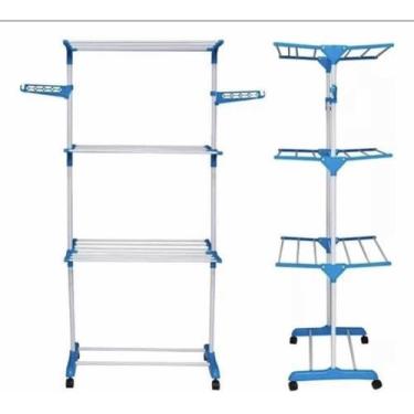 Imagem de Varal de Chão Grande com 3 Andares Dobrável Azul | Aço Inox e Plástico | Com Rodinhas, Abas para Cabides e Suporte para Sapatos | Altura 1,7m