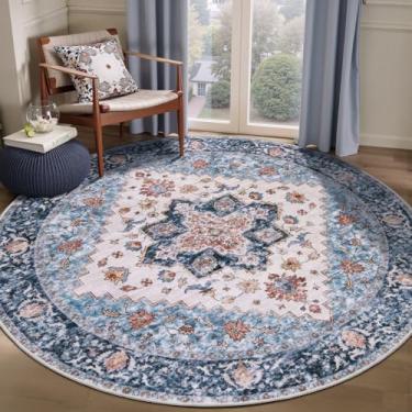 Imagem de SERISSA Tapete redondo boho, tapete circular lavável antiderrapante de 1,5 m, ultramacio, oriental, vintage, azul, baixa película, para quarto, entrada, quarto de crianças, escritório, faculdade