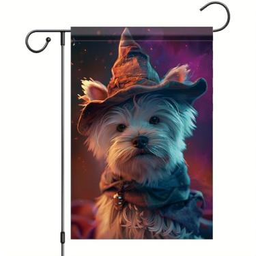 Imagem de Starlit Patio Bandeira de jardim Halloween cachorro bruxa bandeira dupla face bonito animal de estimação decoração ao ar livre para outono varanda gramado quintal 30 x 45 centímetros
