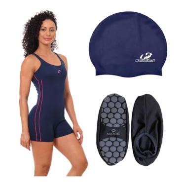 Imagem de Kit Macaquinho Natação Hidroginástica + Touca Silicone E Sapatilha Antiderrapante (Sapatilha Azul Marinho G - Touca Azul Marinho, P)