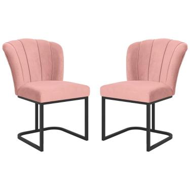 Imagem de Kit 2 Cadeiras Poltrona Flor Pés Metal Preto Mesa Quarto Cozinha Rosa