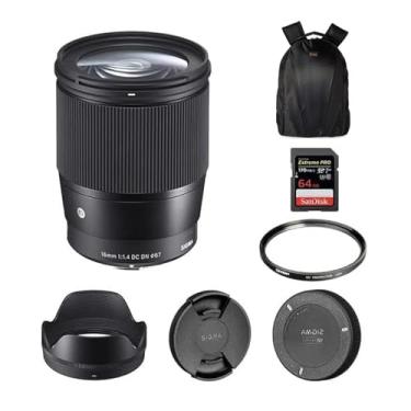 Imagem de Sigma 16mm f/1.4 DC DN Contemporary Lens for Sony E | APS-C Format, Super Multi-Layer Coating, Weather-Sealed, Tiffen 67mm UV Protector Filter, 64GB Extreme PRO Memory Card, and Waith Camera Bag