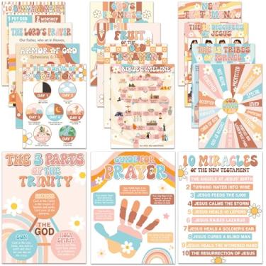 Imagem de Pajean 16 peças de pôsteres da Bíblia Groovy para sala de aula, decoração de escola dominical, pôsteres bíblicos cristãos, 40,6 x 30,5 cm, retrô, hippie, dez mandamentos, para sala de aula, quadros de