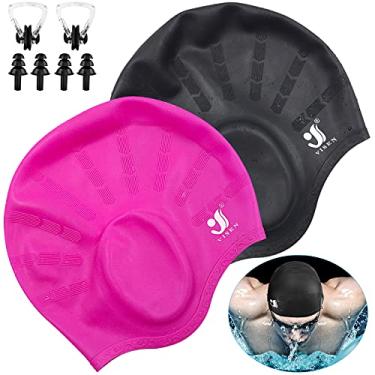 Imagem de Touca de natação unissex, pacote com 2 toucas de natação de silicone para cabelos curtos/longos com tampões de ouvido e clipe de nariz, chapéu de natação flexível à prova d'água para mulheres, homens, adultos, crianças, fácil de colocar e tirar, preto + rosa
