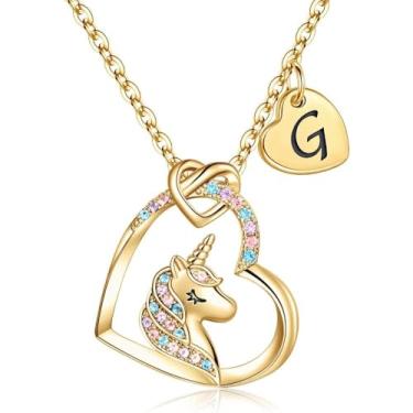 Imagem de Unicorn Necklace Gifts for Girls Daughter - Colorful Heart Pendant Initial Unicorn Necklaces for Girl Teens Little Girls Jewelry Birthday Gift-G