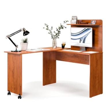 Imagem de Escrivaninha em L 2 em 1 com Rodízios e Prateleira (Freijo)