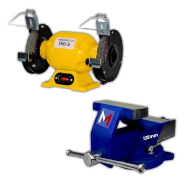 Imagem de Menegotti Morsa Nº 5 Sem Mordente + Motoesmeril - 150W com Base Giratória Reforçada | para Bancada de Aço, Oficina e Afiar Ferramentas Semiprofissional e Profissional Kit