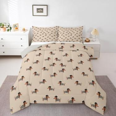 Imagem de jejeloiu Conjunto de cama casal Dachshund, fofo, cachorro, animal de estimação, para meninos, meninas, adolescentes, respirável, macio, leve, microfibra zebra, listras, edredom