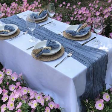 Imagem de FuSenYuan Caminho De Mesa Gaze Azul Empoeirado, 3 Metros + 6 Guardanapos, Argolas Guardanapo Com Borlas E Contas Madeira (304 Cm X 89 Cm), Rústica Transparente Para Casamento, Chá Bebê, Aniversário,