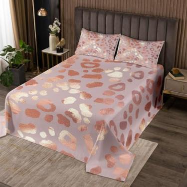 Imagem de Conjunto de colcha queen de leopardo rosa para crianças, conjunto de colcha com estampa de guepardo e pele de animal selvagem, colcha de mármore arte abstrata, 3 peças, roupa de cama decorativa