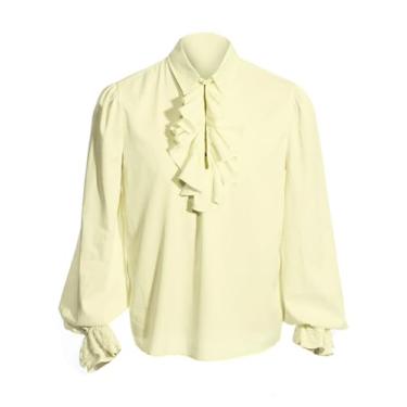 Imagem de Heyigrow Camisetas masculinas de pirata, manga comprida, renda com babados, cosplay de vampiro, fantasia medieval vitoriana de poliéster, Bege, GG