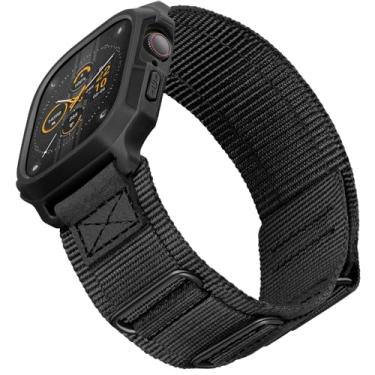 Imagem de SUNFWR Pulseiras compatíveis com Apple Watch Ultra 3/Ultra 2/Ultra de 49 mm com capa, pulseira esportiva de nylon resistente para Apple Watch com capa protetora para iWatch (etiquetas preta e preta)
