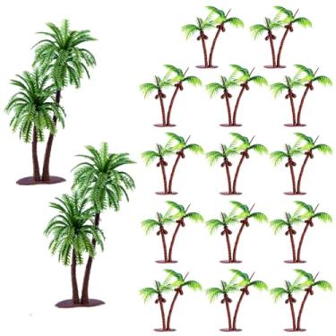 Imagem de 16 peças de topo de bolo de palmeira verde de plástico com cocos, decoração versátil para Lilo e Stitch, Sonic, decorações de bolo com tema havaiano e suprimentos de festa (6,5 cm-14 peças, 11 cm-2