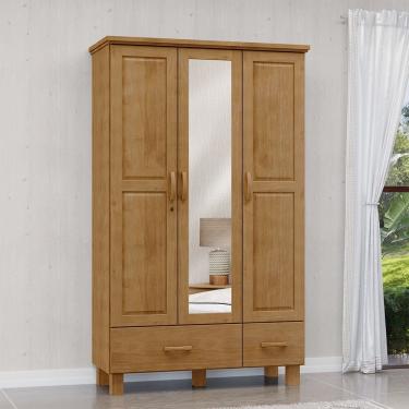 Imagem de Guarda Roupa Roupeiro 3 Portas 2 Gavetas com Espelho Linha Bronze Madeira Maciça 1141FN Freijó Finestra
