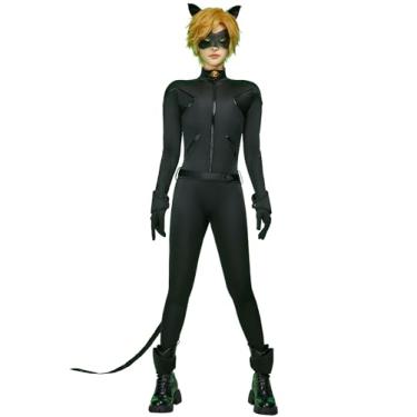 Imagem de Conjunto de fantasia unissex Miraculous Ladybug adulto gato noir oficialmente licenciado com máscara de olho, coberturas de orelha para pulso e tornozelo, Preto, M