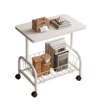 Imagem de Mesa De Centro ou Lateral Com Rodinhas Multiuso Retangular Para Café Apoio Para Leitura Notebook Computador Escritório Sala Varanda Leve E Resistente Em Metal Pintado Branca