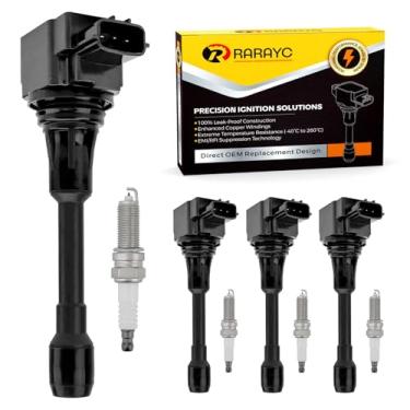 Imagem de RARAYC Conjunto de 4 bobinas de ignição e velas de ignição compatíveis com Nissan 2007-2019 Altima/Rogue/Sentra 2.5L 1.8L 1.6L L4, substitui UF549 e 9029, corrige falhas de ignição e luz de