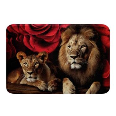 Imagem de Erosebridal Tapetes de banheiro rosa leão, tapete de área com estampa floral de animais 50 x 81 cm, moderno, marrom, leão, tecido de lã, design de tema de vida selvagem, tapete de chuveiro, lavável em