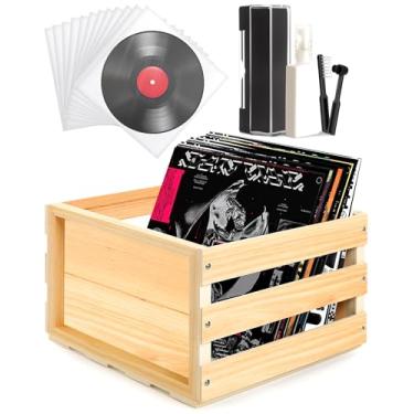 Imagem de Kritkin Caixa de armazenamento de discos de vinil com 50 capas externas de plástico transparente e kit de limpeza de vinil, suporte de álbum LP de madeira, solução de limpeza, proteção de álbum