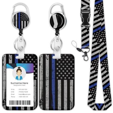 Imagem de Cordão de carretel de crachá de bandeira americana fina linha azul, porta-crachá de identidade, clipes retráteis para etiqueta de nome para médico, enfermeira, professor, escritório, estudante