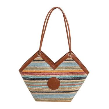 Imagem de ZOCILOR Bolsa feminina de ombro de palha com acabamento em couro PU, bolsa de praia grande, bolsa leve casual de verão, Azul