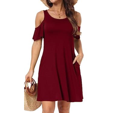 Imagem de HAOMEILI Vestido feminino de manga curta/longa, ombro vazado, com bolsos, casual, rodado, camiseta, 05 vinho, GG