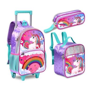 Imagem de Kit Mochila Unicornio Arco Ires Rodinha Lancheira Estojo - Clio