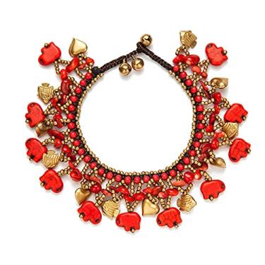 Imagem de Tornozeleira de elefante Boho para mulheres e meninas, pulseira de tornozelo de corrente trançada feita à mão com contas de corda de cera para mulheres joias de verão boêmias, One Size, Pedra, Sem