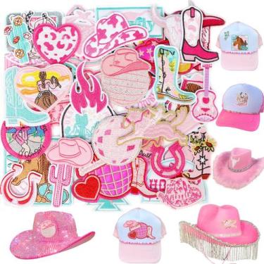 Imagem de Chapéus de cowgirl Iron On Patches Meneng Western, 45 unidades, rosa