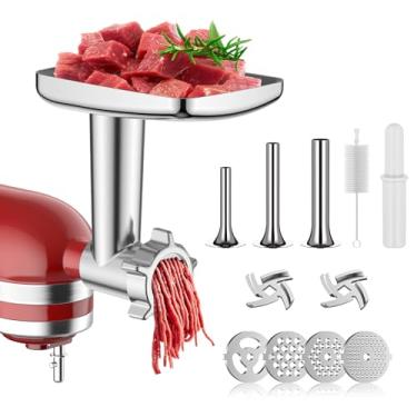 Imagem de TPGSING Acessório de moedor de carne para batedeiras KitchenAid, máquina de salsicha resistente e fácil de limpar para KitchenAid, inclui 4 placas de moagem, 3 tubos de enchimento de salsicha, 2