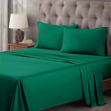 Imagem de Superior Jogo de lençol de cama de algodão egípcio 400 fios, 1 lençol elástico com bolso profundo, 1 lençol de cima, 2 fronhas, roupa de cama macia, lençóis de luxo, tecido acetinado, tamanho casal