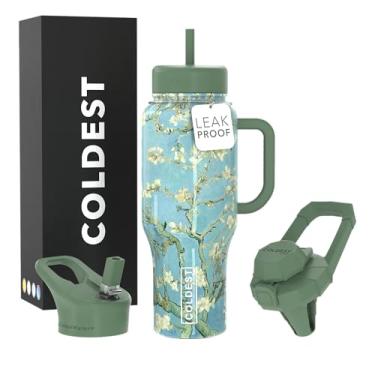 Imagem de Copo Coldest com alça e canudo - Copo 100% à prova de derramamento com canudo (3 tampas) - Copos isolados de aço inoxidável à prova de vazamento para mulheres e homens - 1,020 g (flor de amendoeira)