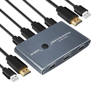 Imagem de TCNEWCL Switch Kvm Hdmi 2 Portas, De Alumínio, Usb Para Computadores, Compartilhamento Mouse, Teclado E Impressora 1 Monitor Hd, Suporta 4K A 60Hz Com Cabos Inclusos