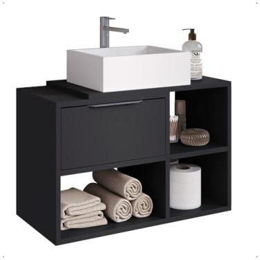 Imagem de Gabinete Suspenso Para Banheiro Com 1 Porta Basculante e Nichos (Preto)