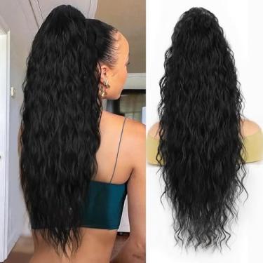 Imagem de Extensão 100% cabelo humano cordão rabo de cavalo ondulado em cor natural 1B clipe de rabo de cavalo ondulado de milho em extensões para mulheres negras (cabelo encaracolado, 61 cm)