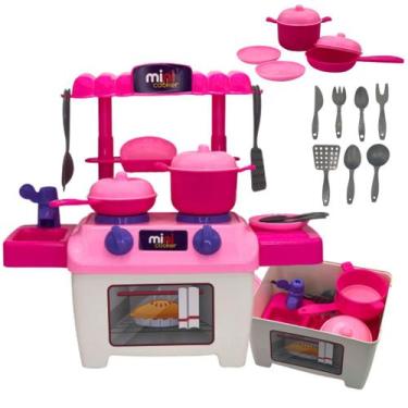 Imagem de Brinquedo Mini Cozinha Rosa c/ Fogão Forno Pia Mesa Panelas - BS TOYS