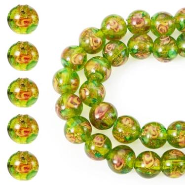 Imagem de Spritewelry 40 contas de vidro lampwork para pulseiras, contas de vidro redondas rosas de 10 mm Rondelle ouro areia lampwork espaçador com flor para fazer joias, colar, brincos, artesanato DIY