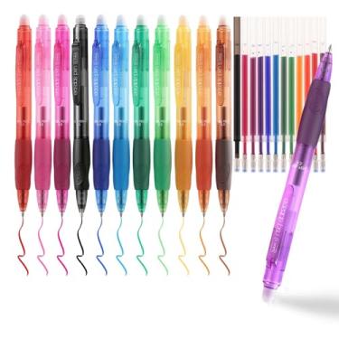 Imagem de EUSOAR Canetas apagáveis multicoloridas, pacote com 12 canetas retráteis + 12 refis (conjunto de cores), canetas coloridas apagáveis de ponta fina (0,7 mm) para planejadores de esboços, desenhos