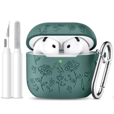 Imagem de Dgege Capa para AirPods 4 (2024), linda capa de flor gravada compatível com Apple Airpods 4, capa protetora completa de silicone macio para AirPods 4 com chaveiro e kit de limpeza para mulheres