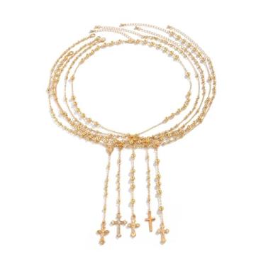 Imagem de GRUOR Conjunto de colar com cruz de Virgem Maria para mulheres, colares longos em camadas delicadas, colar de crucifixo de corrente em Y ajustável, joias de contas de oração católica religiosa para