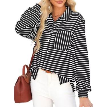 Imagem de Camisa feminina elegante listrada com botões, leve, preta - Astylish