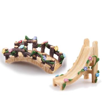 Imagem de Kai Dream Conjunto de acessórios de jardim de fadas em miniatura, kit de paisagem decorativo de resina de 2 peças com ponte e escorregador, ornamentos florais de jardim