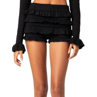 Imagem de Shorts femininos Springcmy com babados, crochê, cintura alta, pretos