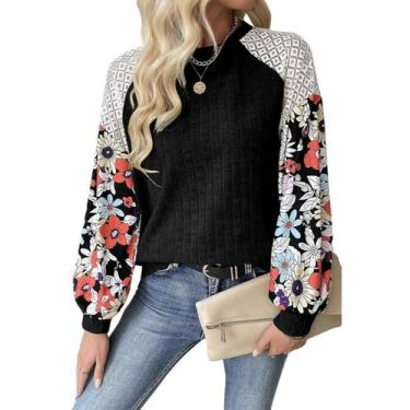 Imagem de Suéter feminino BAOKUAN de malha floral em bloco de manga comprida